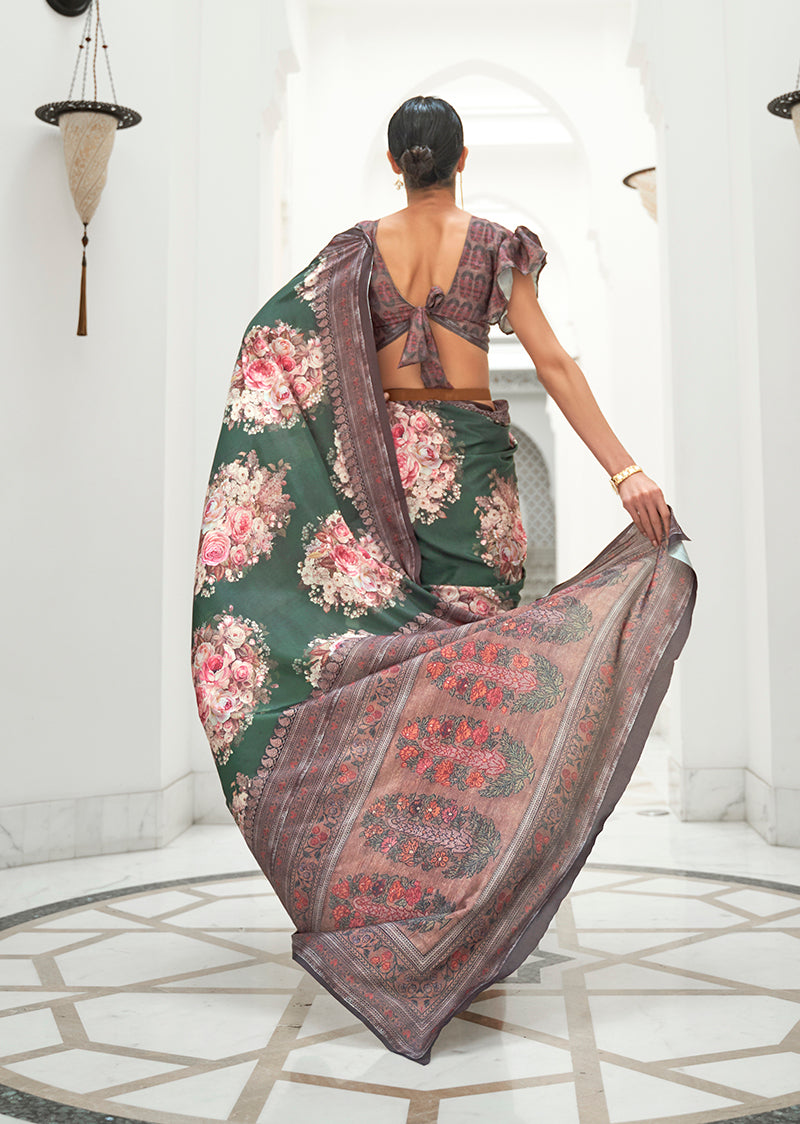 Monjolika Fashion Dark Green Colour Classic Digital Printed Crepe Silk Saree