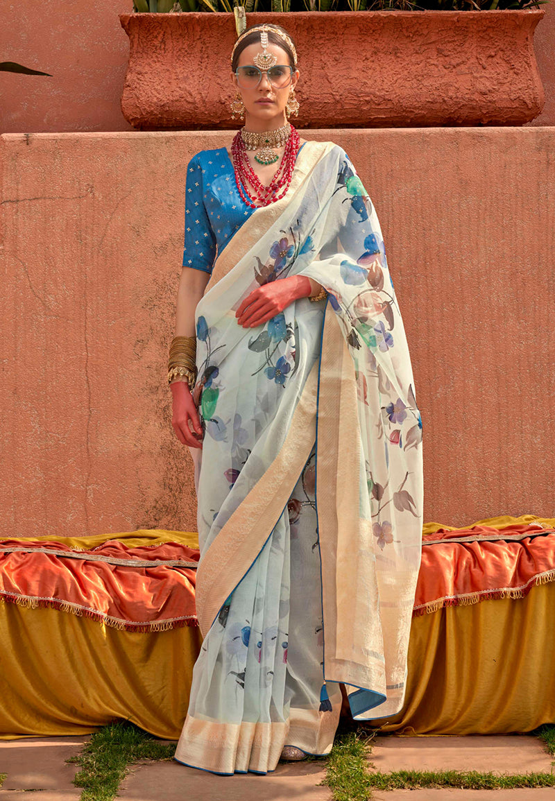 Monjolika Fashion Organza Printed Aqua Blue Contemporary Saree