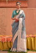 Monjolika Fashion Organza Printed Blue Contemporary Saree