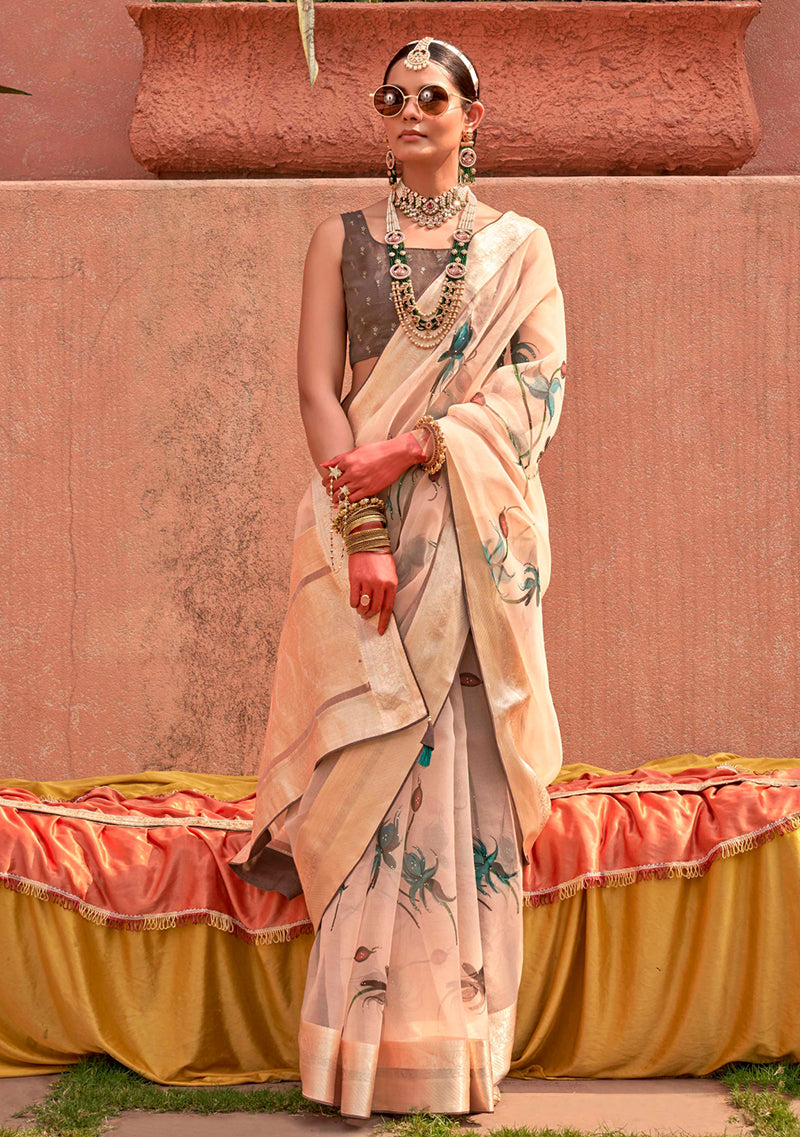 Monjolika Fashion Organza Printed Cream Contemporary Saree