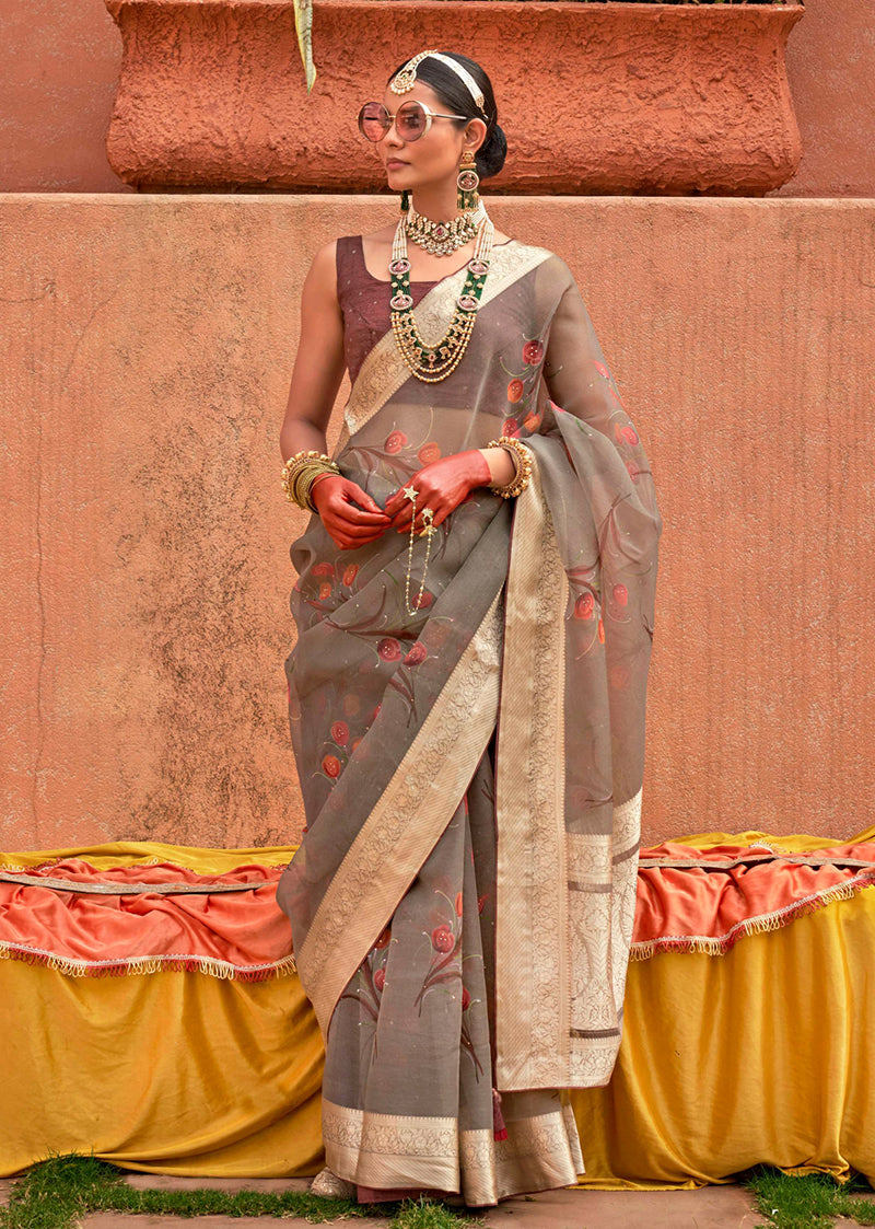 Monjolika Fashion Organza Printed Grey Contemporary Saree