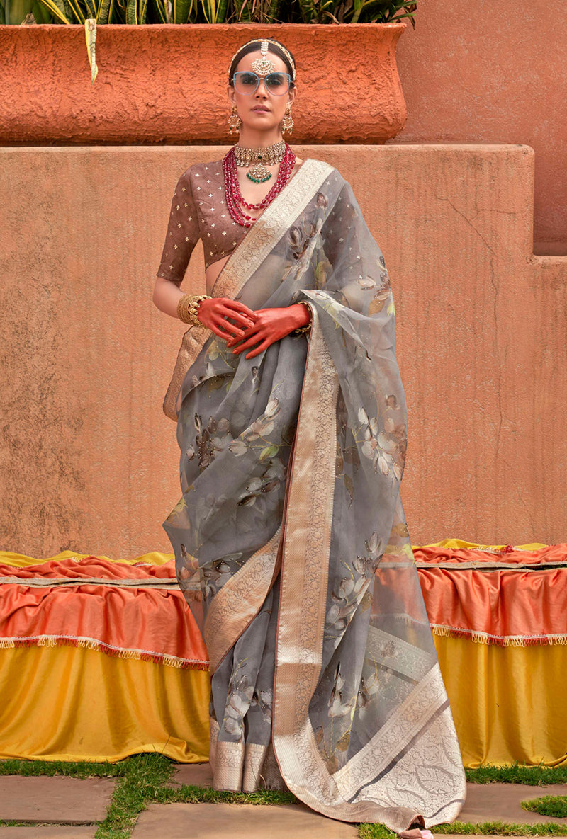Monjolika Fashion Organza Printed Grey Contemporary Saree