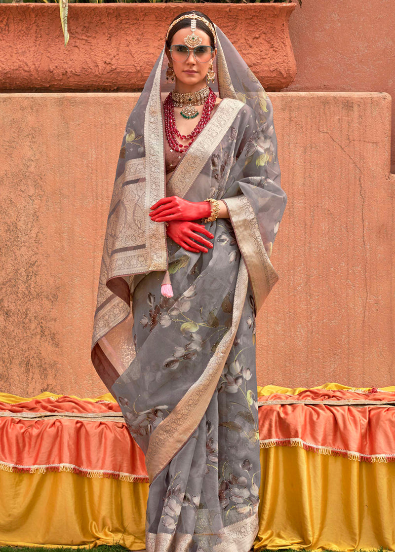 Monjolika Fashion Organza Printed Grey Contemporary Saree