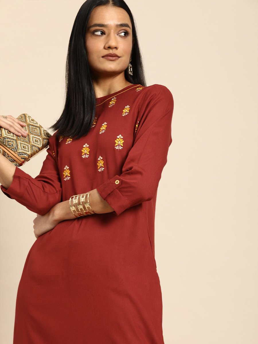 All About You Women Red Floral Embroidered Regular Thread Work Kurta with Trousers