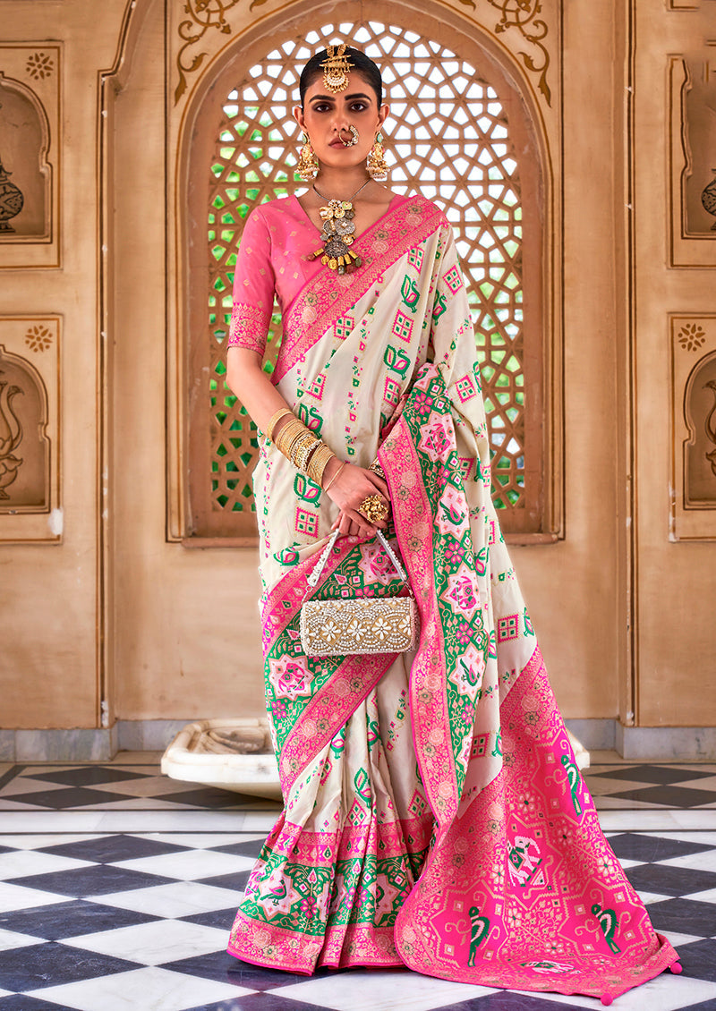 Monjolika Fashion Weaving White Banarasi Silk Contemporary Saree