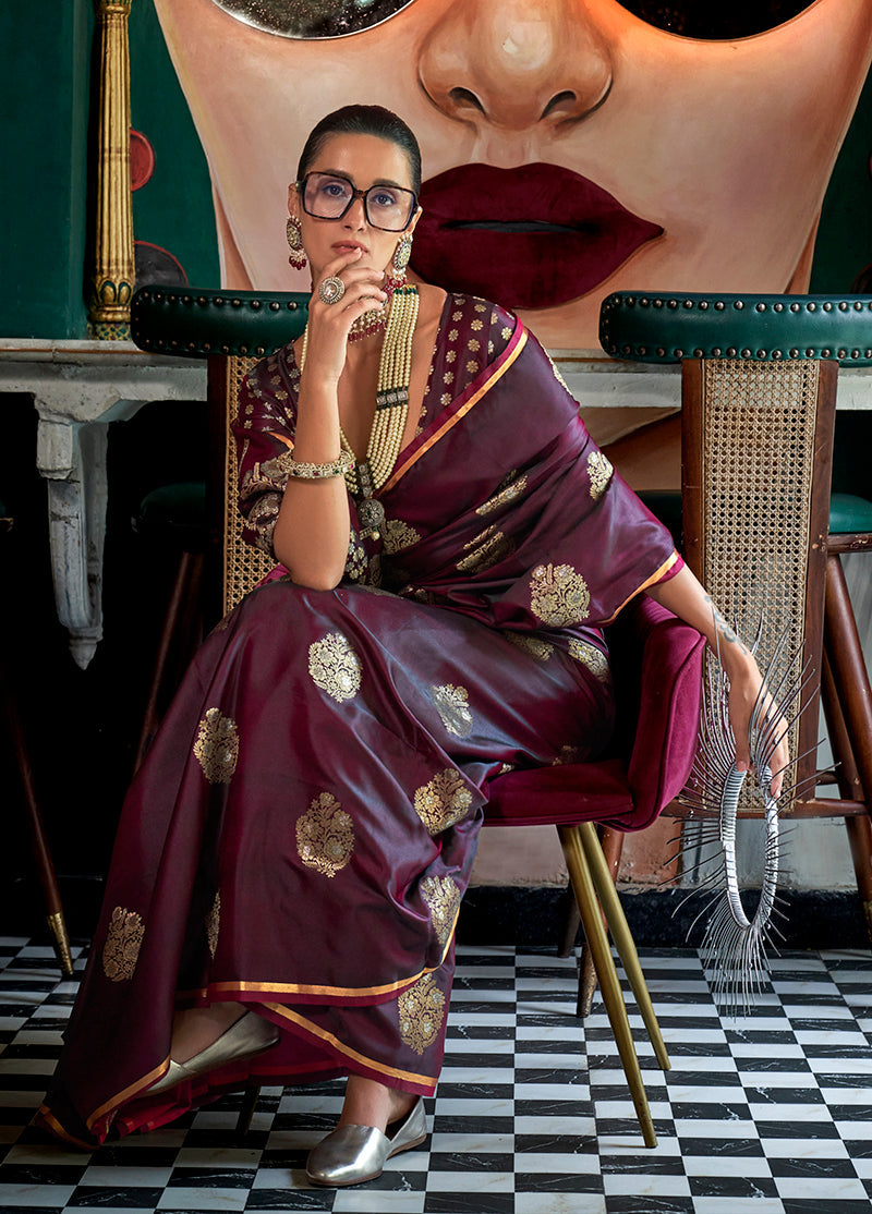 Monjolika Fashion Wine Weaving Zari Pure Satin Silk Designer Saree