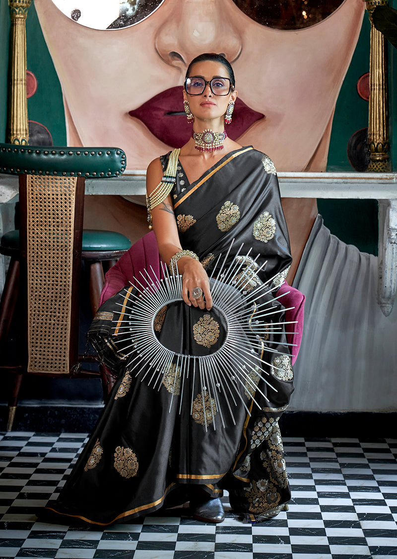 Monjolika Fashion Pure Satin Silk Black Weaving Zari Contemporary Saree