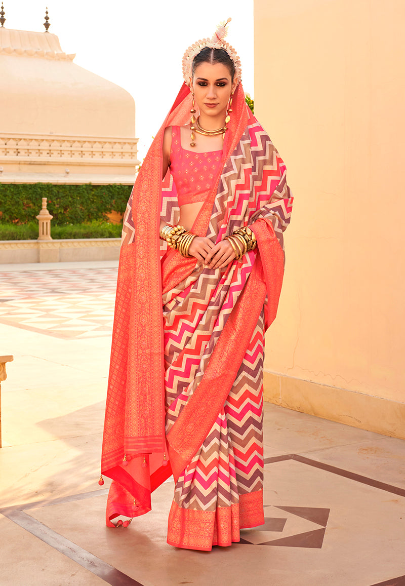 Monjolika Fashion Silk Peach Foil Print Trendy Saree
