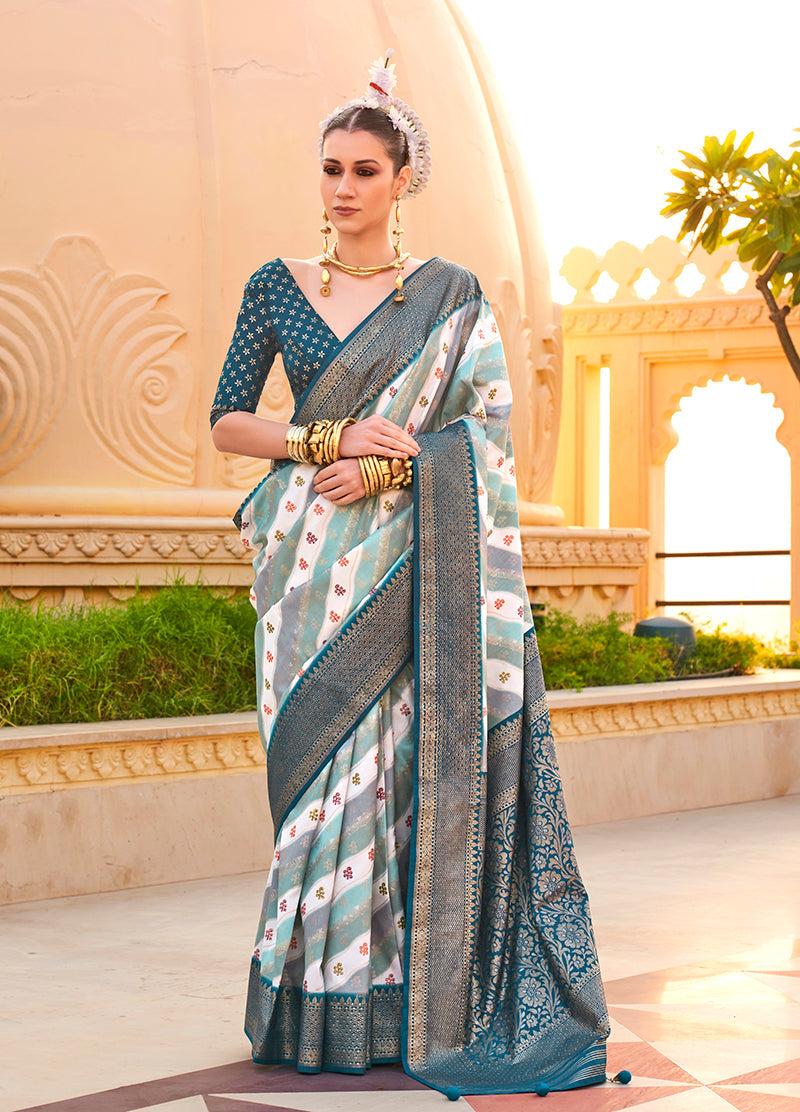 Monjolika Fashion Saree Foil Print Silk In Teal
