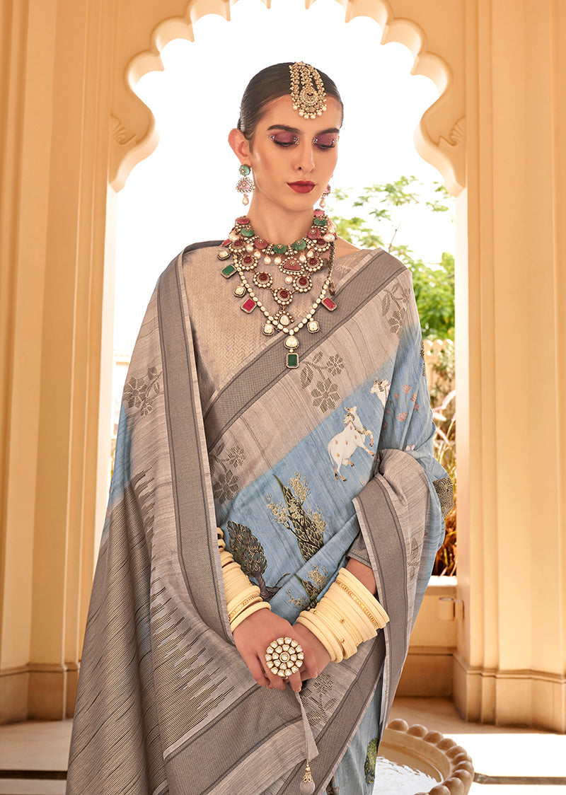 Monjolika Fashion Raw Silk Aqua Blue Foliage Prints Classic Saree