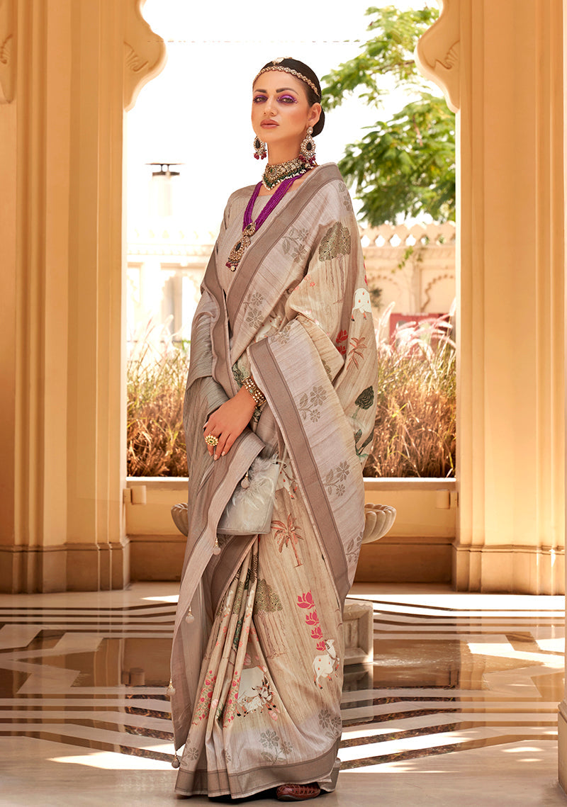 Monjolika Fashion Cream Foil Print Raw Silk Contemporary Saree