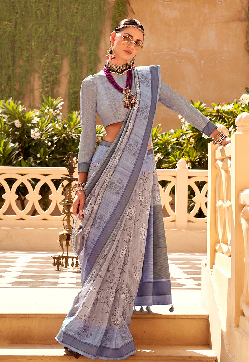 Monjolika Fashion Raw Silk Grey Foliage Prints Classic Saree
