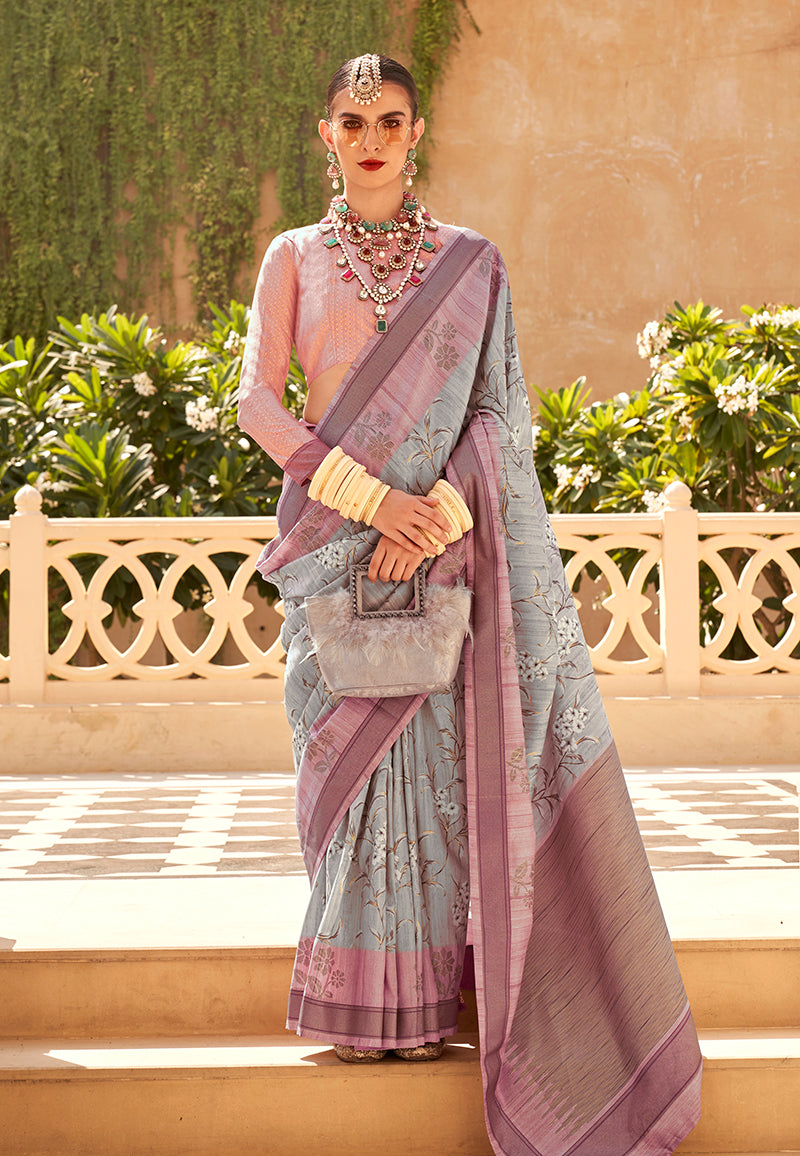 Monjolika Fashion Raw Silk Multi Colour Foliage Prints Contemporary Saree