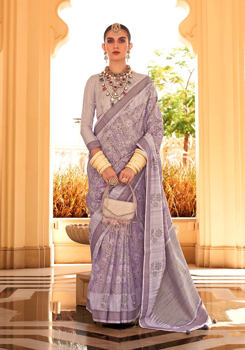 Monjolika Fashion Raw Silk Lavender Foliage Prints Classic Saree