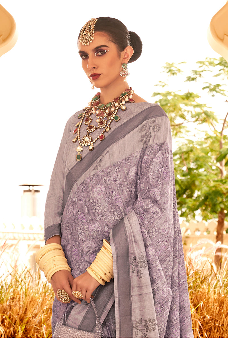 Monjolika Fashion Raw Silk Lavender Foliage Prints Classic Saree
