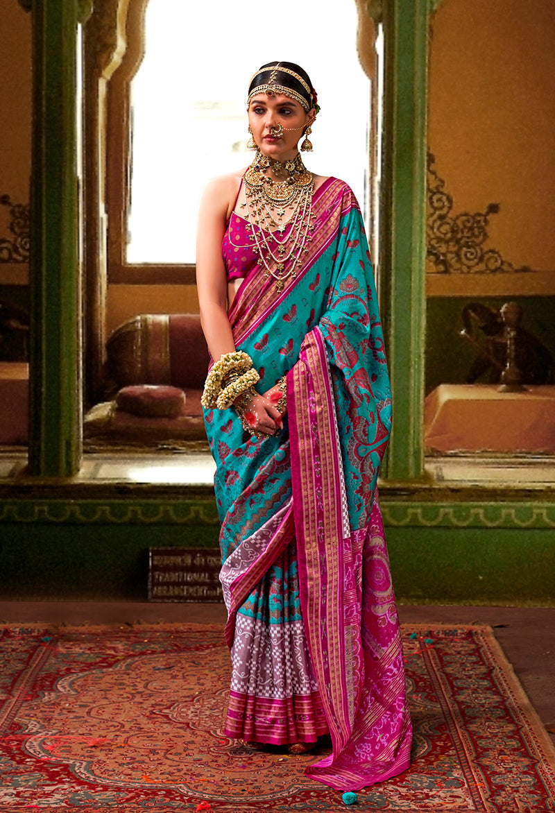 Monjolika Fashion Silk Patola Print Aqua Blue Designer Saree