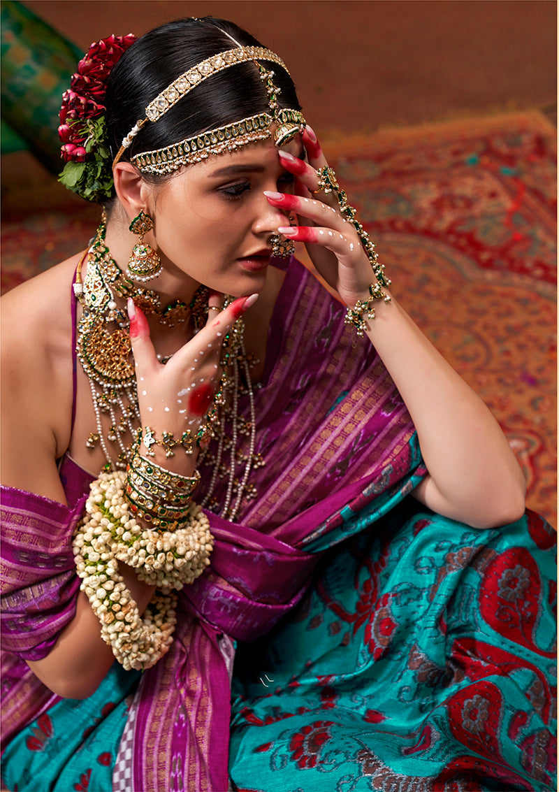 Monjolika Fashion Silk Patola Print Aqua Blue Designer Saree