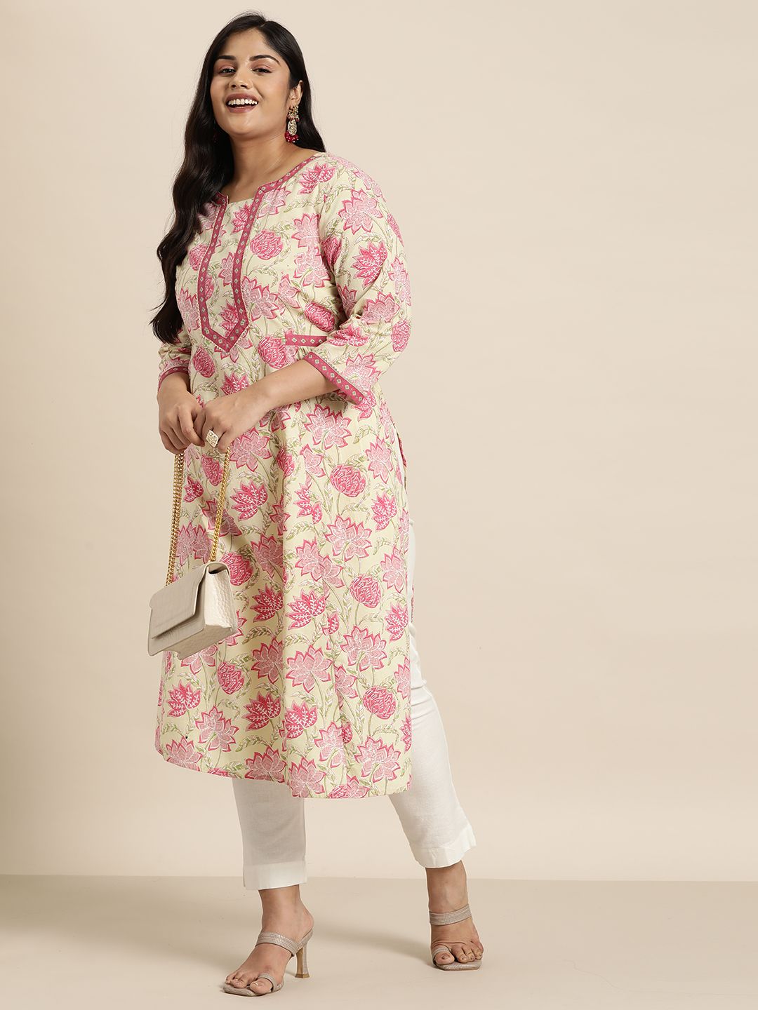 Sztori Plus Size Cotton Floral Print Gotta Patti Kurta