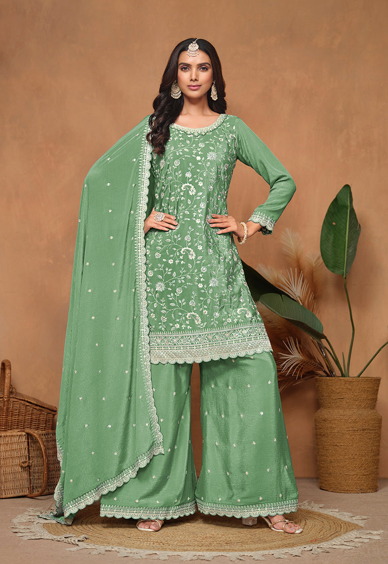 Monjolika Fashion Light-Green Color Embroidered Santoon Chinnon Salwar Suit