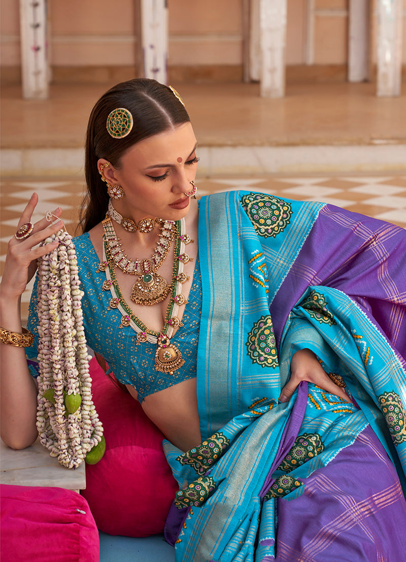 Monjolika Fashion Aqua Blue Silk Foil Print Patola Contemporary Saree