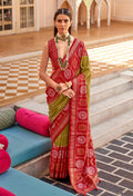 Monjolika Fashion Silk Olive Foil Print Patola Designer Saree