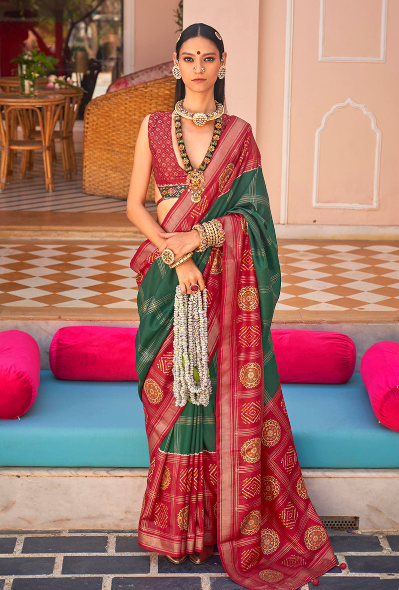 Monjolika Fashion Silk Dark Green Foil Print Patola Traditional Saree
