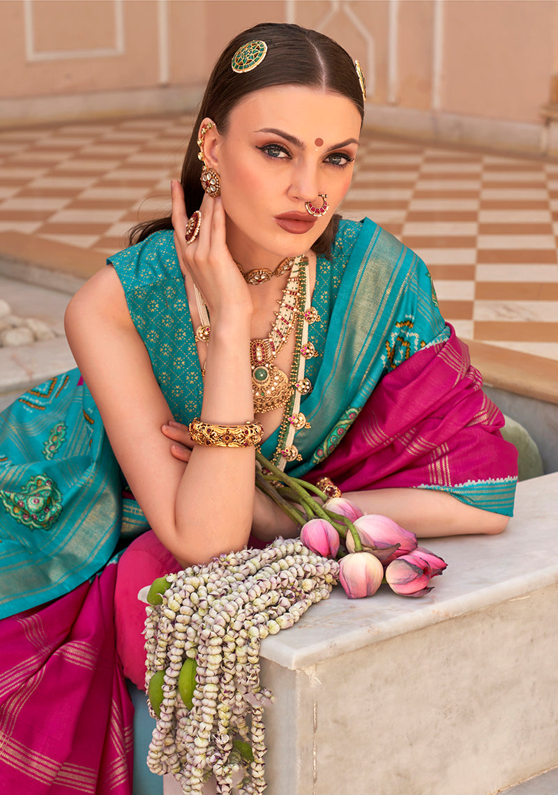 Monjolika Fashion Silk Foliage Prints Rani Pink Patola Trendy Saree