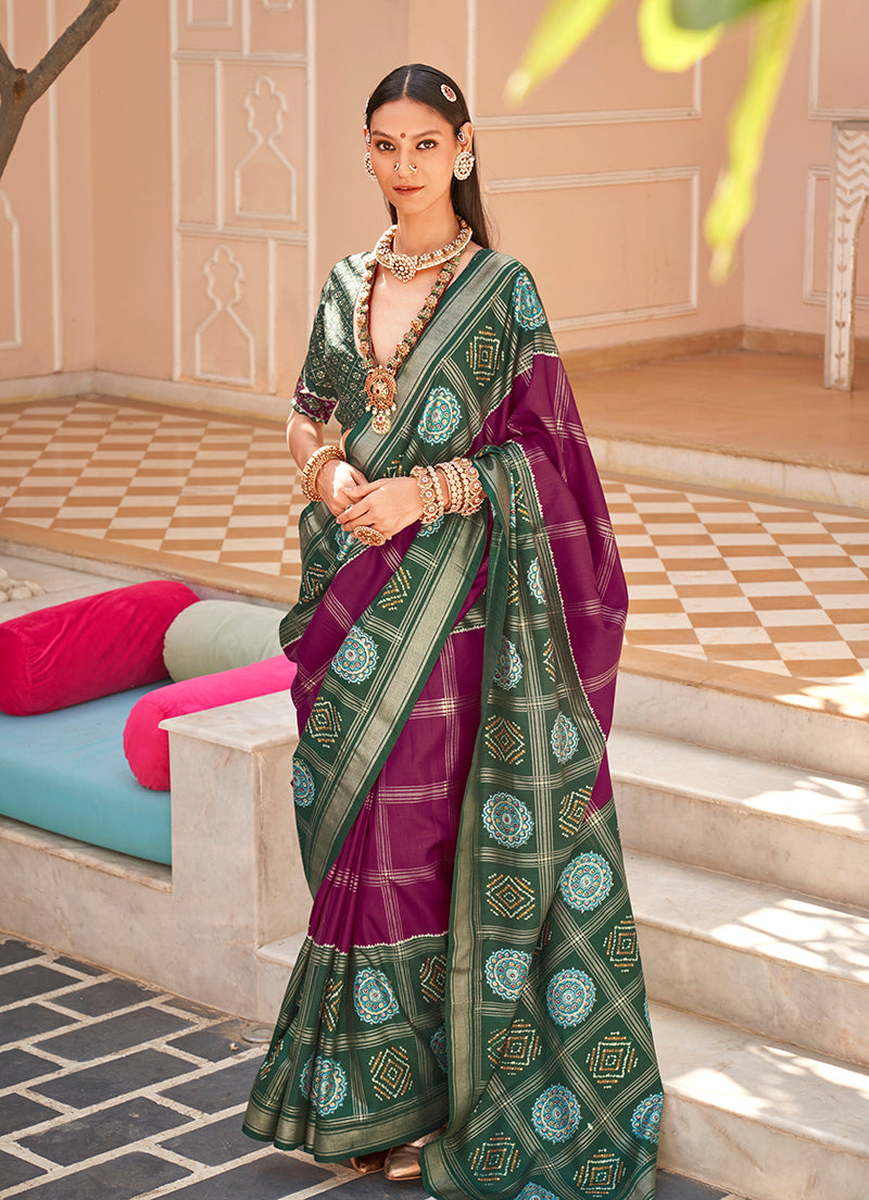 Monjolika Fashion Silk Foliage Prints Burgundy Patola Trendy Saree