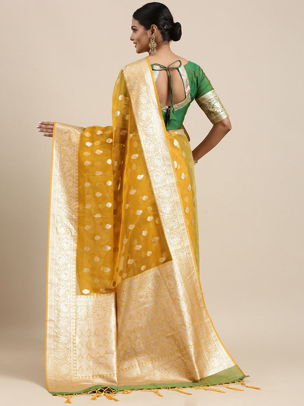 Saree Mall Mustard Ethnic Motifs Zari Organza Banarasi Saree
