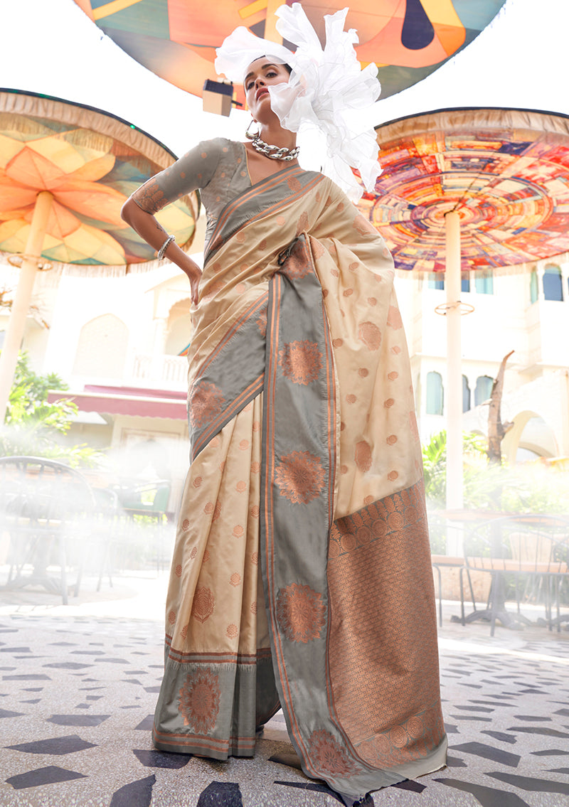 Monjolika Fashion Katan Silk Weaving Zari Designer Saree In Cream