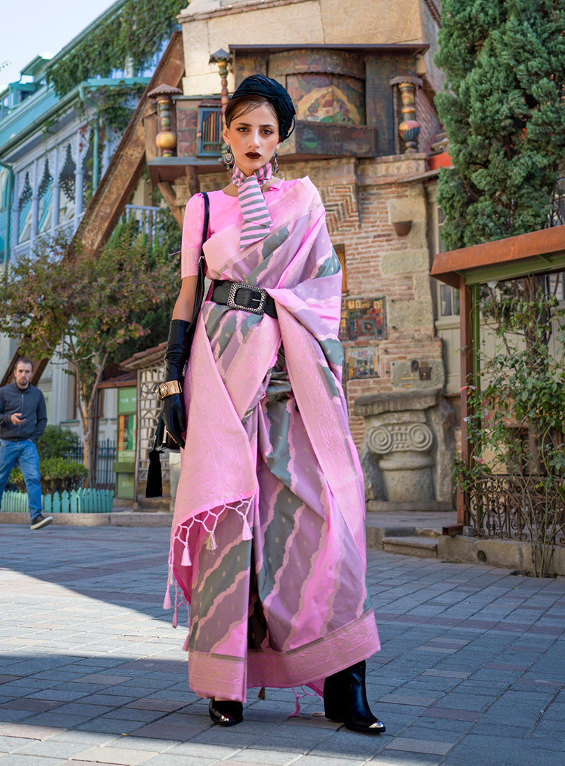 Monjolika Fashion Katan Silk Weaving Zari Pink Party Classic Saree