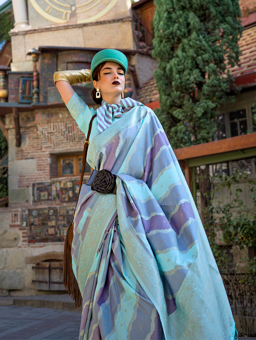 Monjolika Fashion Aqua Blue Ceremonial Katan Silk Weaving Zari Contemporary Saree