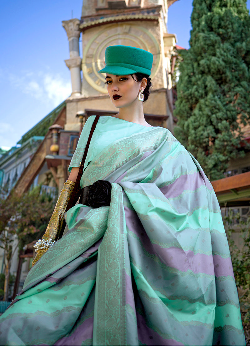 Monjolika Fashion Sea Green Katan Silk Weaving Zari Traditional Saree