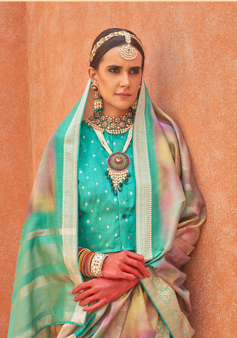 Monjolika Fashion Foliage Prints Silk Turquoise Classic Saree