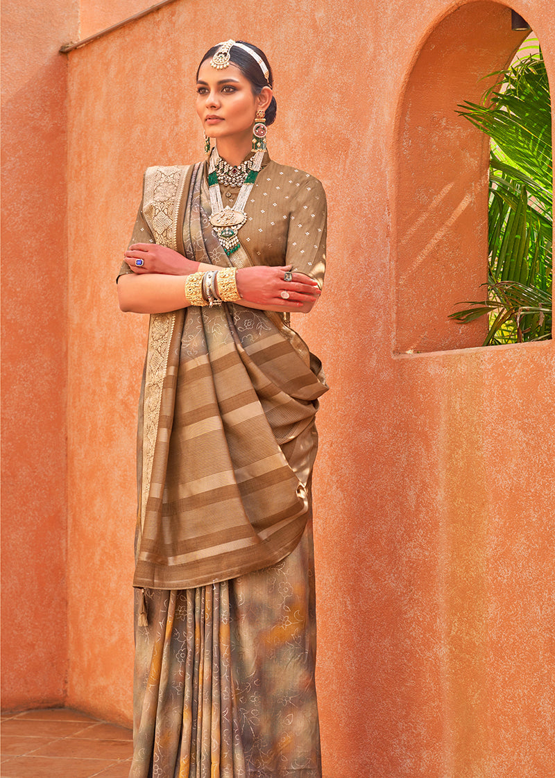 Monjolika Fashion Foil Print Traditional Silk Saree In Light Brown