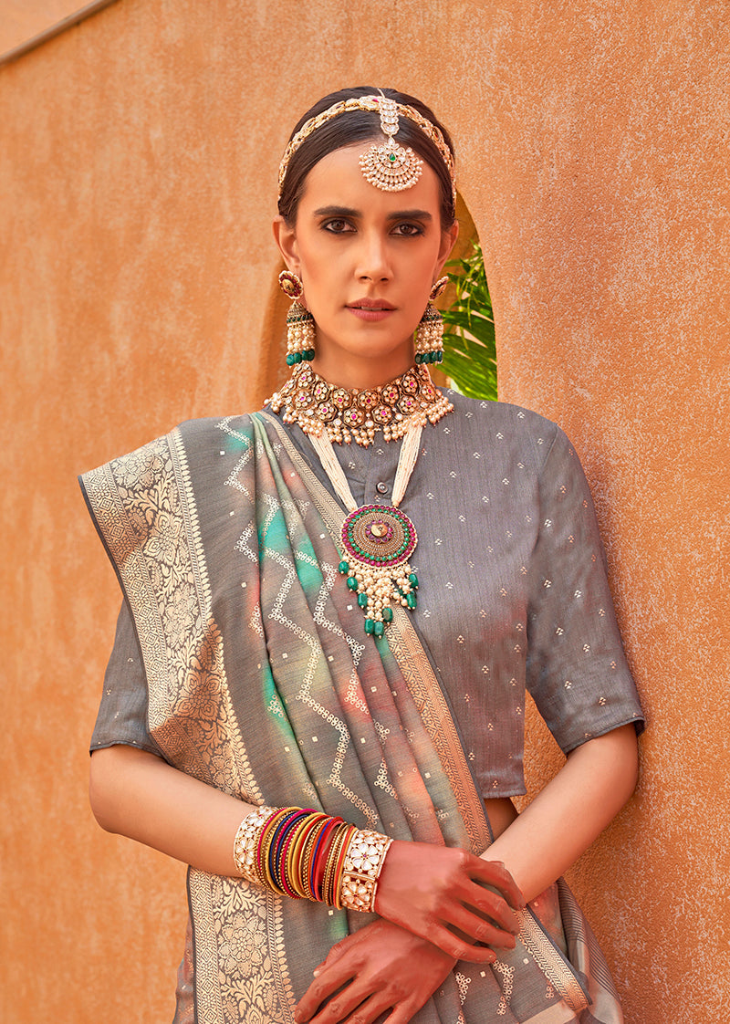 Monjolika Fashion Silk Foil Print Trendy Saree In Grey