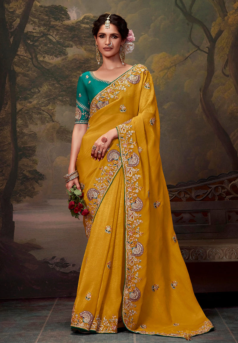 Monjolika Fashion Organza Mustard Embroidered Thread Work Contemporary Saree