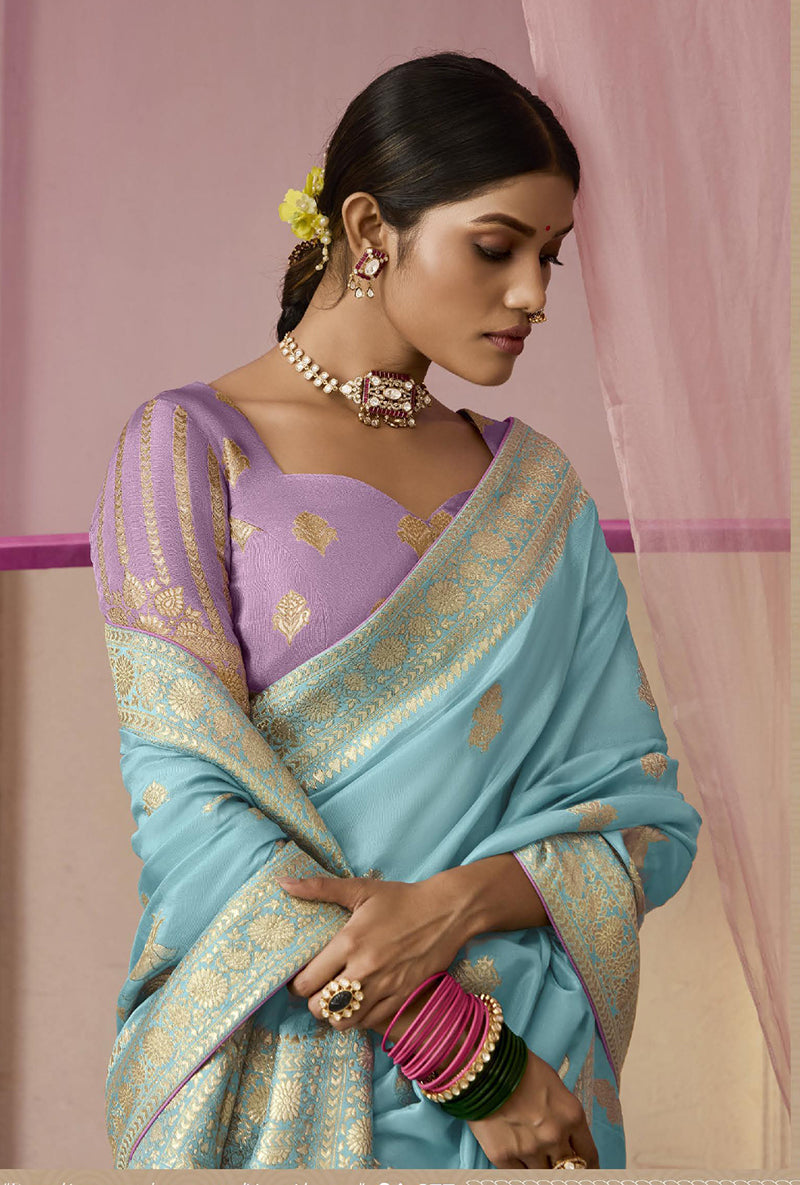 Monjolika Fashion Aqua Blue Weaving Viscose Floral Printed Classic Saree