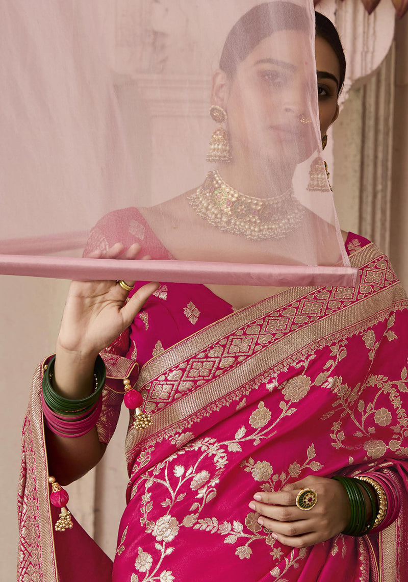 Monjolika Fashion Rani Pink Viscose Weaving Floral Printed Trendy Saree