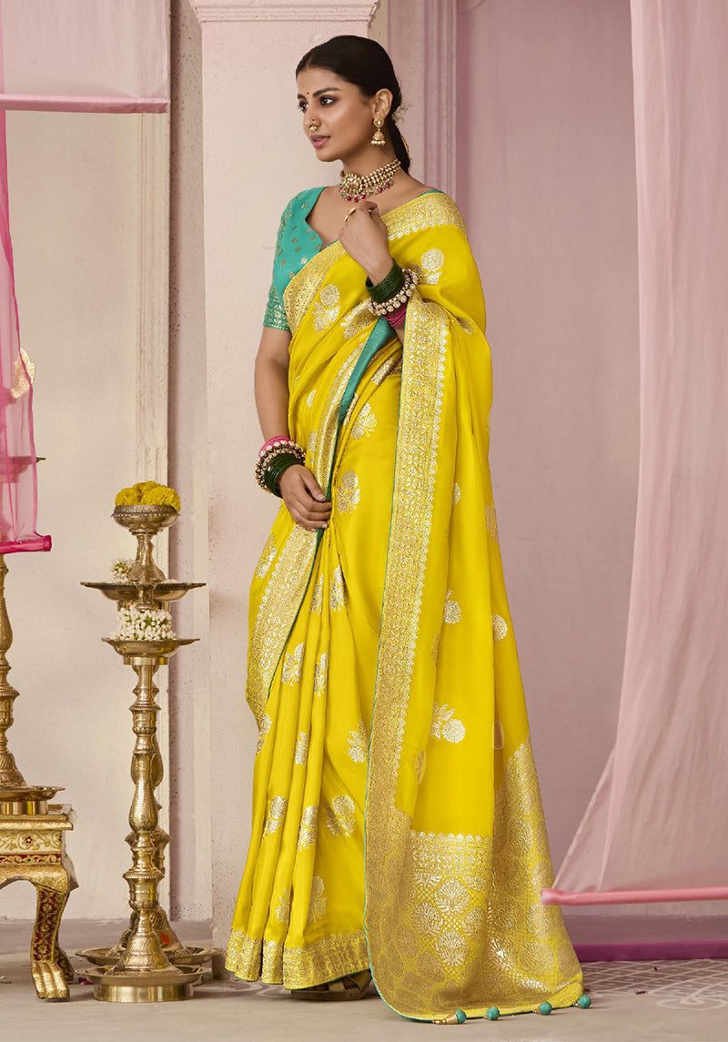 Monjolika Fashion Yellow Weaving Floral Printed Viscose Classic Saree