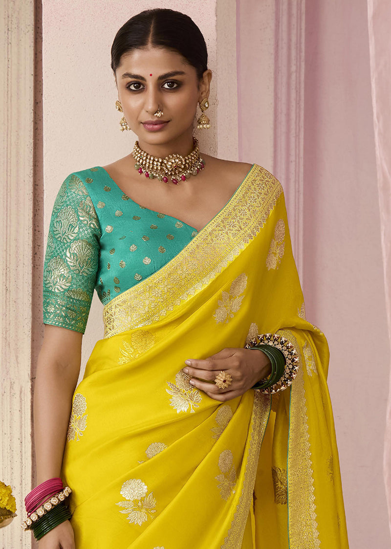 Monjolika Fashion Yellow Weaving Floral Printed Viscose Classic Saree