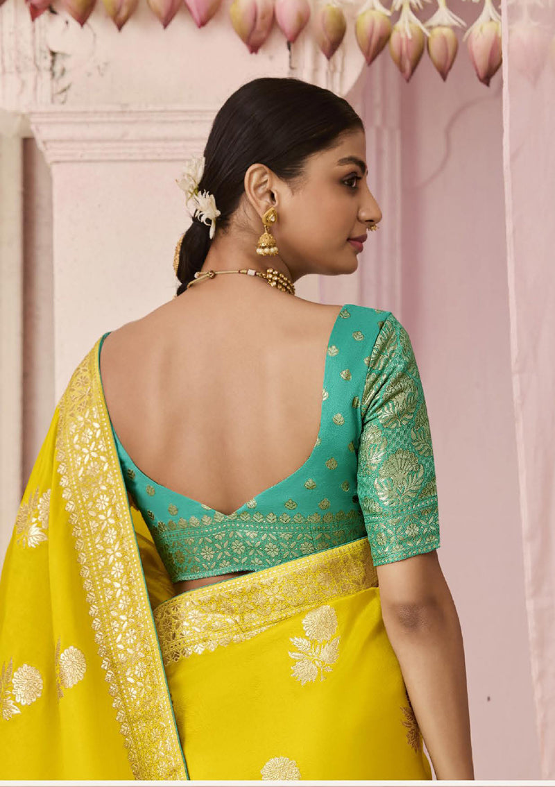 Monjolika Fashion Yellow Weaving Floral Printed Viscose Classic Saree