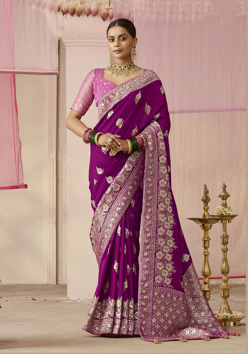 Monjolika Fashion Purple Viscose Weaving Floral Printed Contemporary Saree