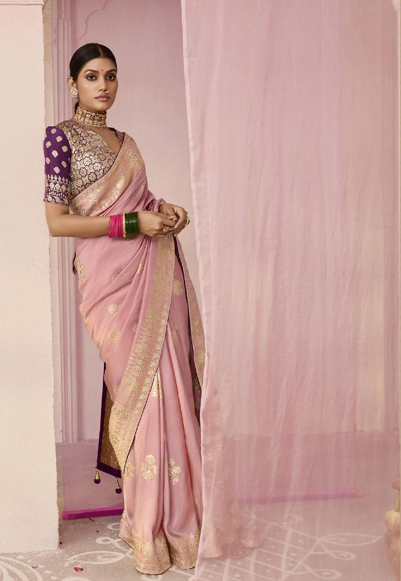 Monjolika Fashion Light Pink Weaving Floral Printed Viscose Designer Saree