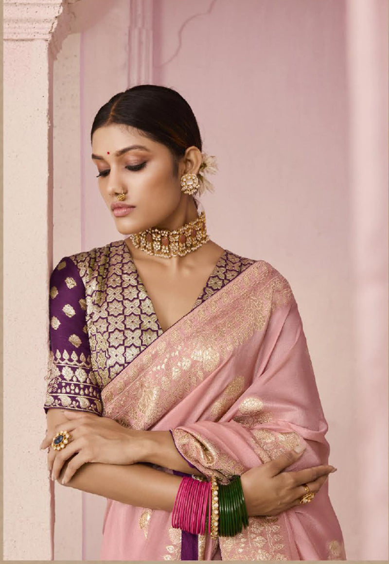 Monjolika Fashion Light Pink Weaving Floral Printed Viscose Designer Saree
