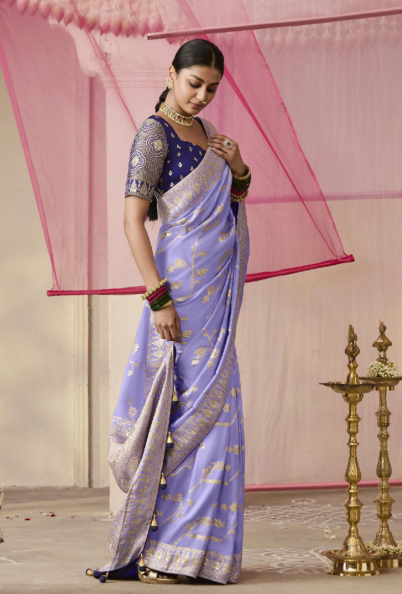 Monjolika Fashion Viscose Weaving Floral Printed Lavender Traditional Saree