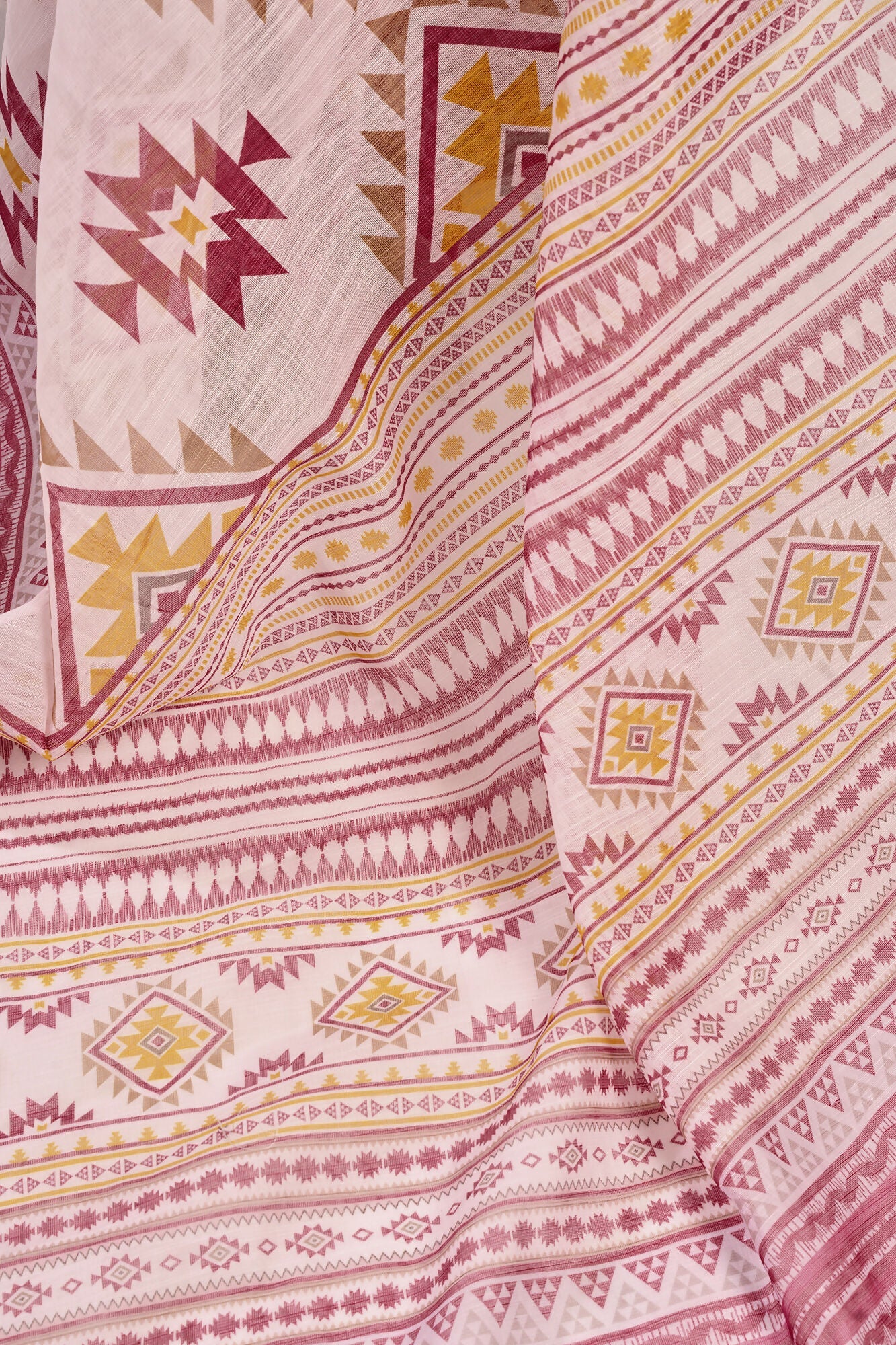 Vastranavya White Maroon Digital Printed Linen Ready To Wear Designer Saree with Unstitched Blouse