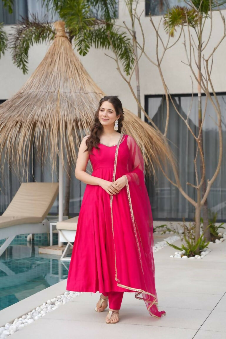 Teeya Creation Pink Color Pure Roman Silk Mirror Lace Party Wear Gown