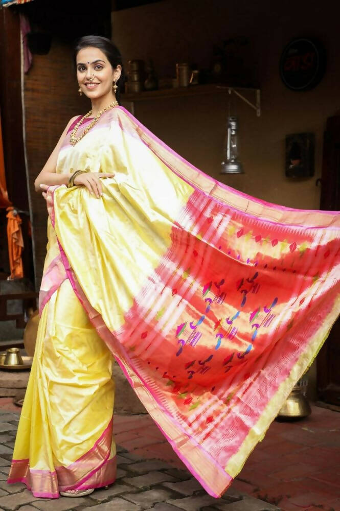 Very Much Indian Handloom Pure Silk Paithani Pastel Light Yellow