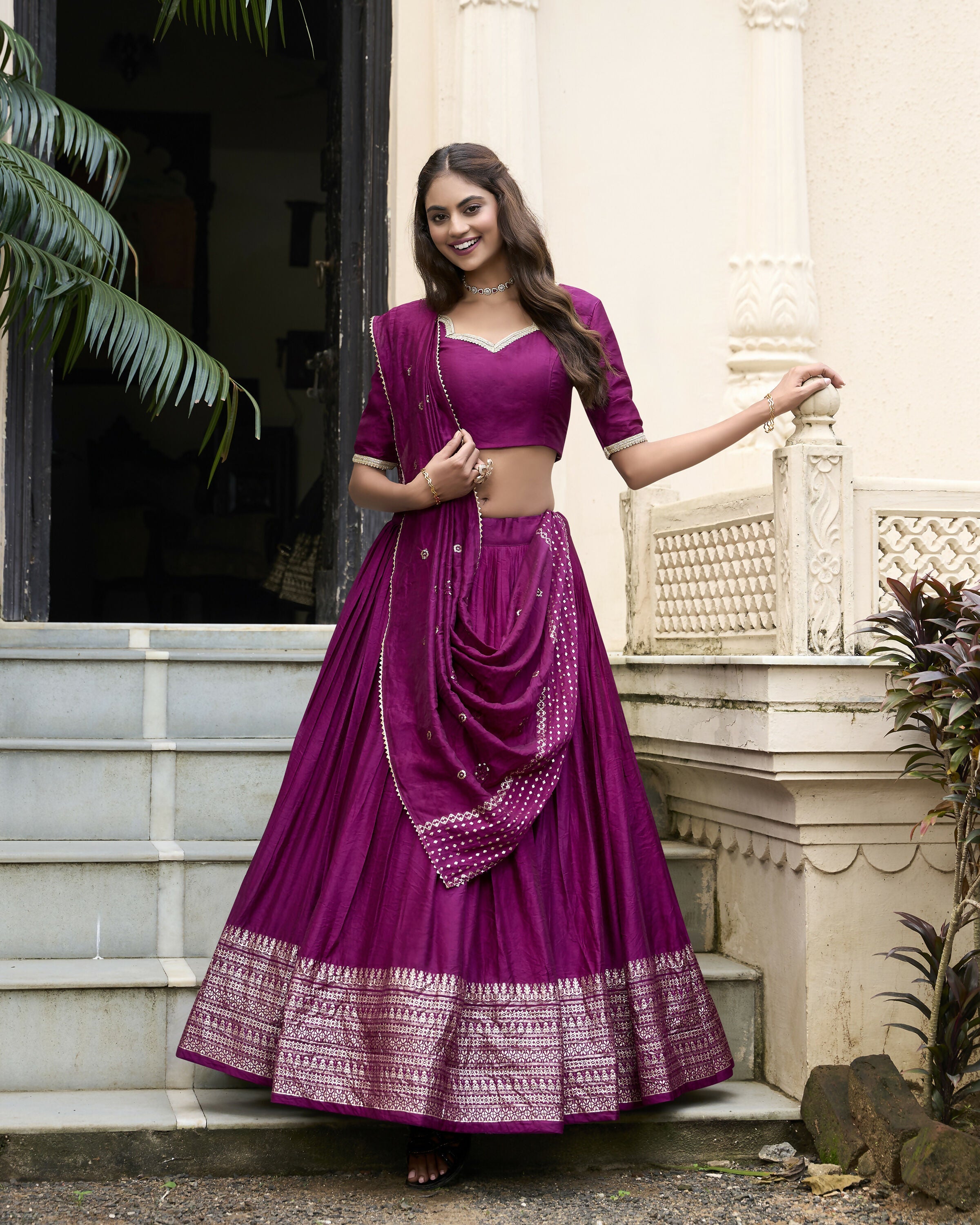 Lorenvalley Wine Pure Chanderi Plain With Zari Weaving Work Border Lehenga Choli